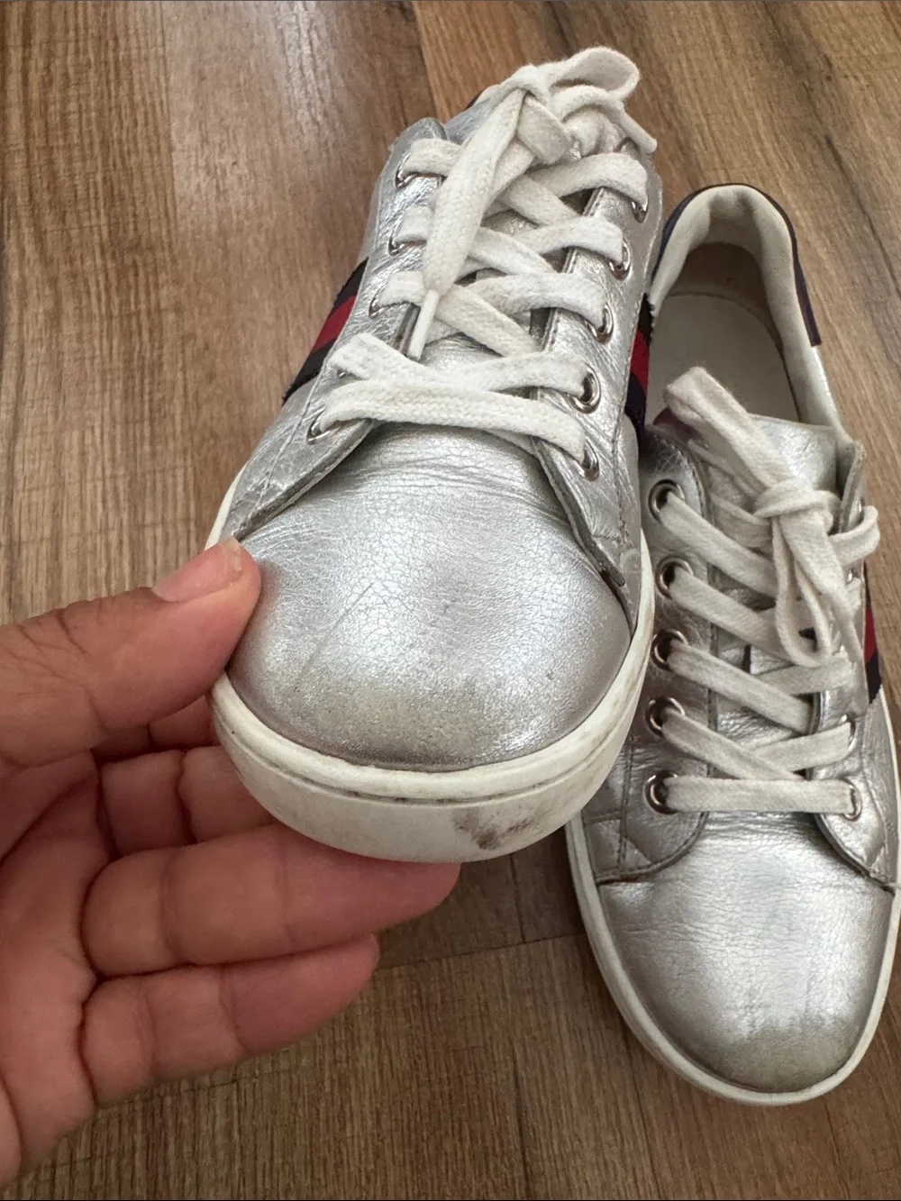 Gucci kids Ace Sneakers in metallic silver leather